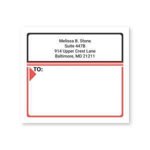 A large rectangular white shipping label featuring a bold red border at the bottom, a black header line, and personalized name and address text.