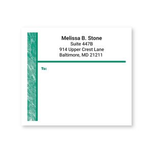 A close-up of a rectangular shipping label featuring a green marble textured vertical stripe on the left side alongside custom return address text.
