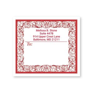 Single personalized shipping label featuring an ornate red toile border surrounding custom return address text and mailing area.