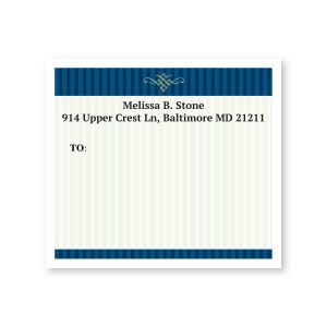 A rectangular personalized shipping label featuring a bold navy blue striped border at the top and bottom with a decorative golden emblem.