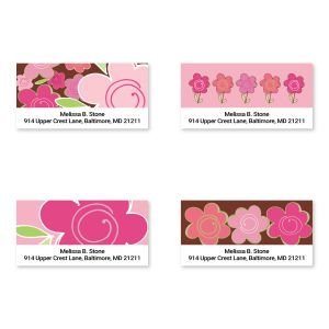 Four personalized return address label designs featuring stylized pink floral patterns and retro swirls with custom name and address text.