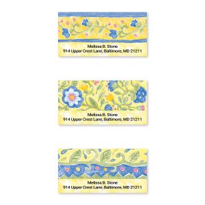 Three Tuscan Sun address label variations featuring yellow and blue Mediterranean floral patterns with personalized name and address text.