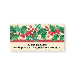 Single personalized Holly Stripe sheeted address label featuring festive green holly leaves, red berries, and red striped accent border.