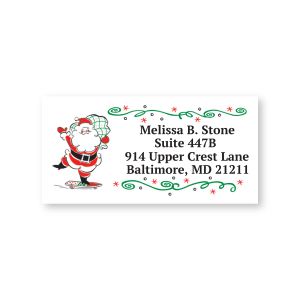 Single personalized address label featuring a retro ice-skating Santa illustration alongside custom return address text.