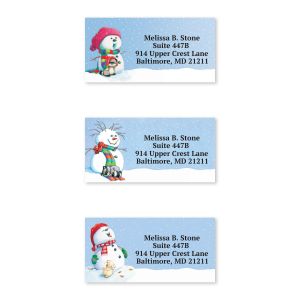 A grid of three return address labels featuring colorful, cute illustrations of different smiling snowmen next to custom text fields.