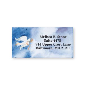 A personalized return address label featuring an illustration of a white peace dove against a textured blue and purple watercolor background.