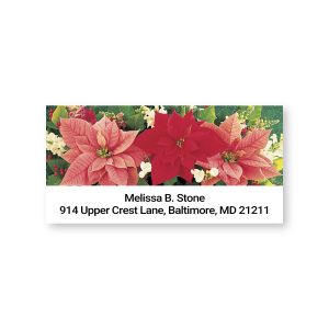 Personalized holiday address label featuring three vibrant poinsettias and holly leaves above custom return address details.