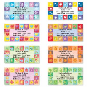 Eight Parade Of Seasons address label design variations featuring colorful seasonal borders like snowflakes, hearts, and flowers.