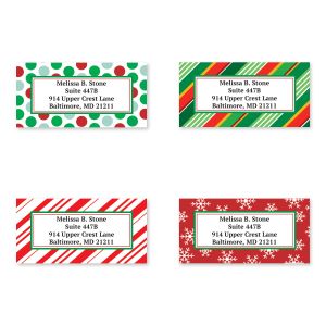 Set of four festive holiday address labels featuring colorful polka dots, diagonal stripes, candy cane stripes, and snowflake gift wrap patterns.
