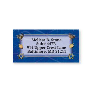 Rectangular Hanukkah address label with menorah and Star of David motifs framing customized return name and address text.