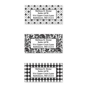 Three rectangular personalized address labels stacked together, showcasing alternating black and white damask, fleur-de-lis, and diamond patterns.