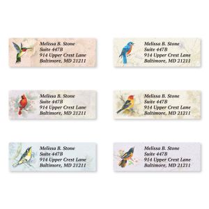 A collection of six rectangular address labels, each displaying a different illustrated backyard bird alongside a personalized name and address.