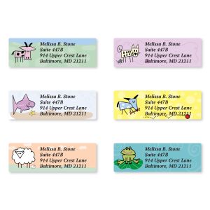 Six custom return address labels showcasing different colorful cartoon zoo animals, including a cow, cat, shark, dog, sheep, and frog.
