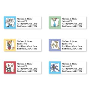 Six personalized return address labels displayed together, featuring six different brightly colored potted floral illustrations and colorful borders.