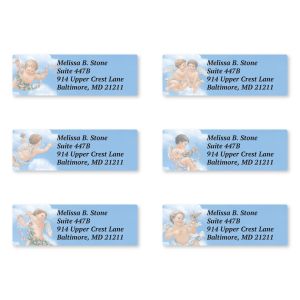 Six personalized Angels sheeted return address label designs featuring sweet angel illustrations with cloud and star details.