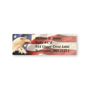 A rectangular personalized address label showcasing a majestic bald eagle head on the left against an American flag background with custom text.