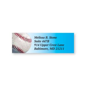 A rectangular personalized address label showcasing a realistic close-up illustration of a white baseball with red stitching on a vibrant blue background.