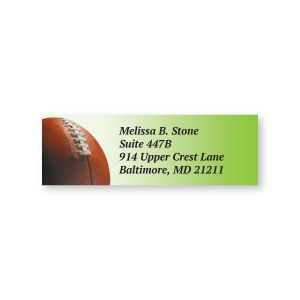 A close-up of a rectangular address label showcasing a realistic football texture graphic on a bright green background with custom text.