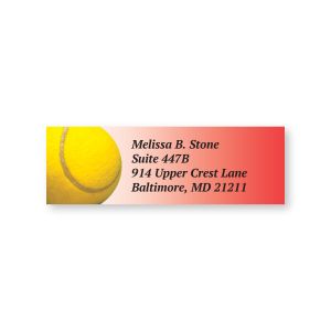 Rectangular address label with a bright yellow tennis ball on a pink gradient background alongside four lines of customizable text.