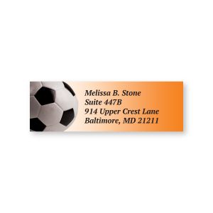 Rectangular soccer-themed sheeted address label featuring a soccer ball graphic, orange gradient background, and custom text lines.