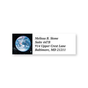 Rectangular address label with a graphic of Planet Earth against a starry space background, personalized with name and address.
