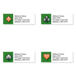 Four personalized Game Night return address labels featuring playing card suits against a green felt background with customized address text.
