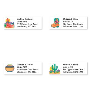 Personalized Southwestern address label assortment showcasing four vibrant designs including cowboy boots, cacti, clay pots, and a howling dog.
