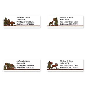 Four Country Lodge address label designs showcasing rustic wildlife illustrations of a bear, wolf, cabin, and moose beside personalized text.