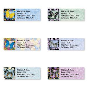 Six colorful sheeted address labels featuring vibrant butterfly illustrations alongside custom return address text.