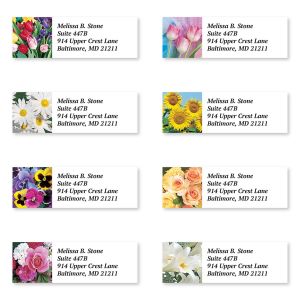A collection of eight rectangular address labels, each displaying a different vibrant, colorful photographic floral bouquet design.