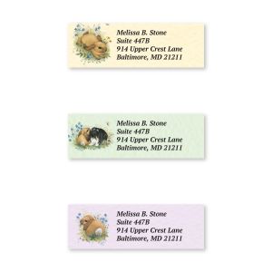 Three personalized Lovely Bunny return address labels featuring cute rabbit illustrations with customized return address text.