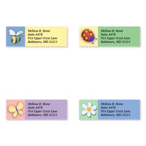 Four colorful sheeted address labels featuring whimsical illustrations of a butterfly, ladybug, dragonfly, and flower with sample address text.