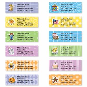 Twelve rectangular personalized address labels displayed in two columns, showcasing a rotating assortment of colorful, seasonal illustrations.