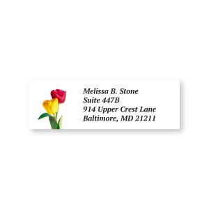 Single sheeted address label featuring vibrant red and yellow tulips with green leaves alongside customizable return address text.
