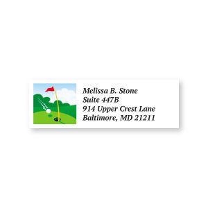 A close-up of a return address label featuring a colorful illustration of a golf green with a flag and a golf ball next to custom text.