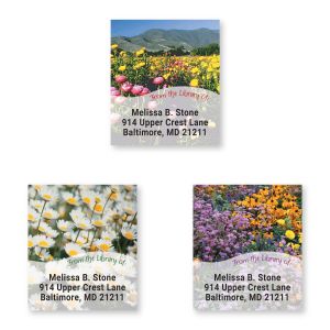 Three Field of Flowers personalized bookplate label designs featuring vibrant floral photography and custom From the Library of text.