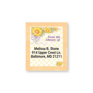 Sunflower Bouquet personalized bookplate label featuring bright sunflower illustrations, yellow border, and custom From the Library of text.