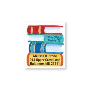 Personalized bookplate label featuring a stack of colorful books with 