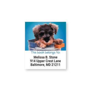 Personalized bookplate label featuring an adorable puppy sitting in a metal tub with 