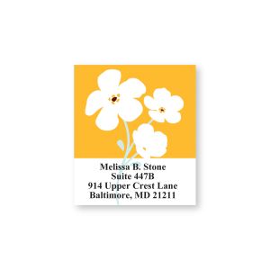 Single personalized Graphique Fleur sheeted address label featuring white floral artwork on a yellow background alongside return contact text.