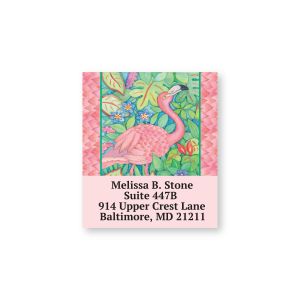 Pink flamingo standing in tropical leaves above custom 4-line name and address text on a rectangular personalized return address label.