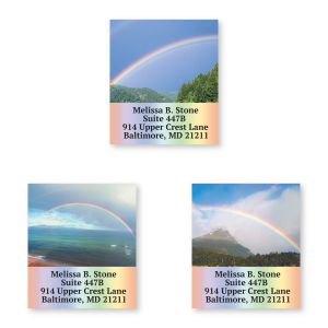 Personalized Beautiful Rainbows address label assortment featuring three scenic rainbow designs over pine trees, mountains, and ocean clouds.