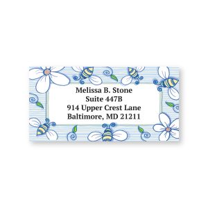 Sheeted address label with a light blue bee and stripe border featuring sample personalized text centered inside a white rectangle.