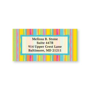 Rectangular address label featuring vibrant colorful striped borders around a white box with four lines of personalized address text.
