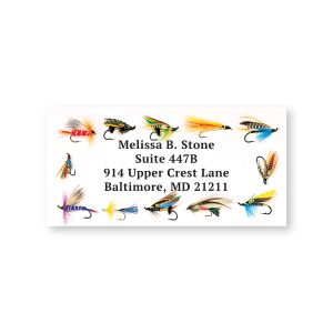 A close-up of a return address label decorated with an assortment of colorful, detailed fishing fly illustrations surrounding custom text.