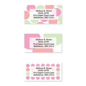 Three colorful sheeted address labels featuring green, pink, and red polka dot patterns with customized return address sample text.