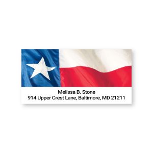 Personalized Lone Star State address label featuring a vibrant Texas flag graphic alongside custom name and return address text.