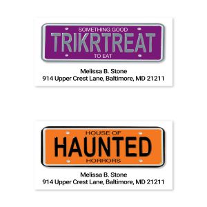 Purple and Orange Halloween vanity license plate label with personalized name and address lines on a white background.