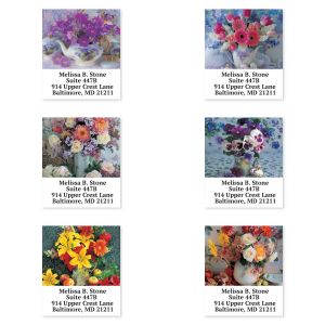 Grid of six customized sheeted address labels featuring colorful floral artwork alongside personalized name and return address text.
