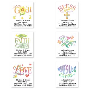 A grid of six religious address labels featuring colorful faith designs like 